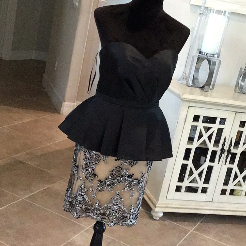Terani Couture peplum dress, back zip, black/nude/silver, strapless, size 4